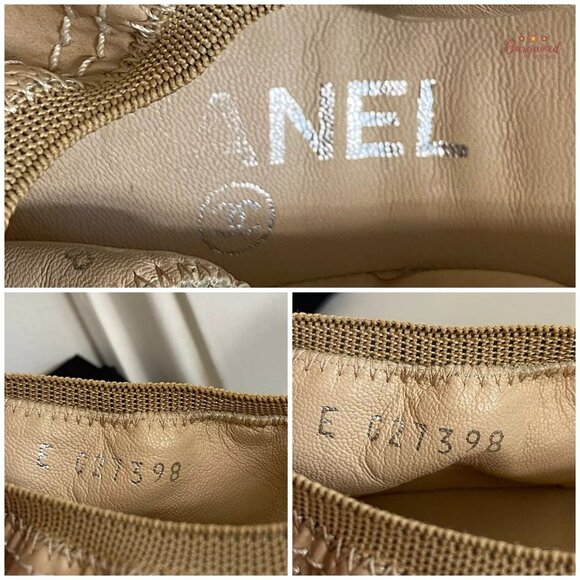 Authentic CHANEL Taupe Leather White Patent Leather Cap Toe Ballet Flats 7.5 - Picture 7 of 14